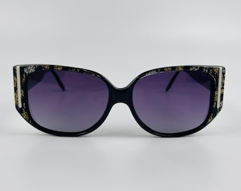 70s Retro Sunglasses: Patterned Black Acetate Frame, Purple Lenses - Made in Italy
