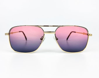 Vintage 90s Sunglasses - Gold Metal Frame, Purple Gradient Lenses - Made in Italy - NOS