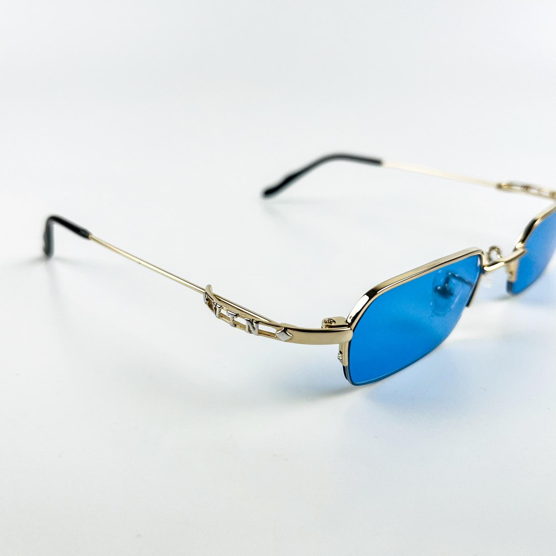 Vintage 90s Gold Frame Sunglasses: Blue Lenses, Made in  display picture 3
