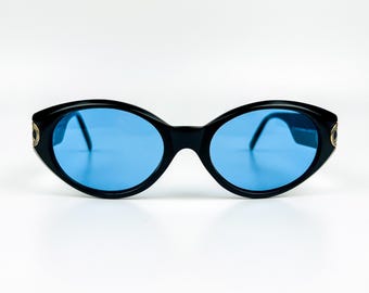 90s Black Acetate Sunglasses: Vintage Italian Eyewear, Blue UV Lenses