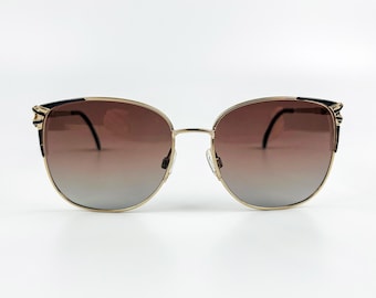 80s Retro Sunglasses: Gold & Black Metal Frame, Brown Gradient Lenses