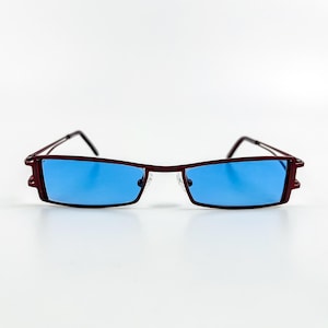 90s Retro Sunglasses: Red Metal Frame, Blue Lens - Made in Italy