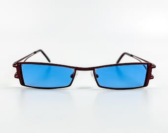 90s Retro Sunglasses: Red Metal Frame, Blue Lens - Made in Italy