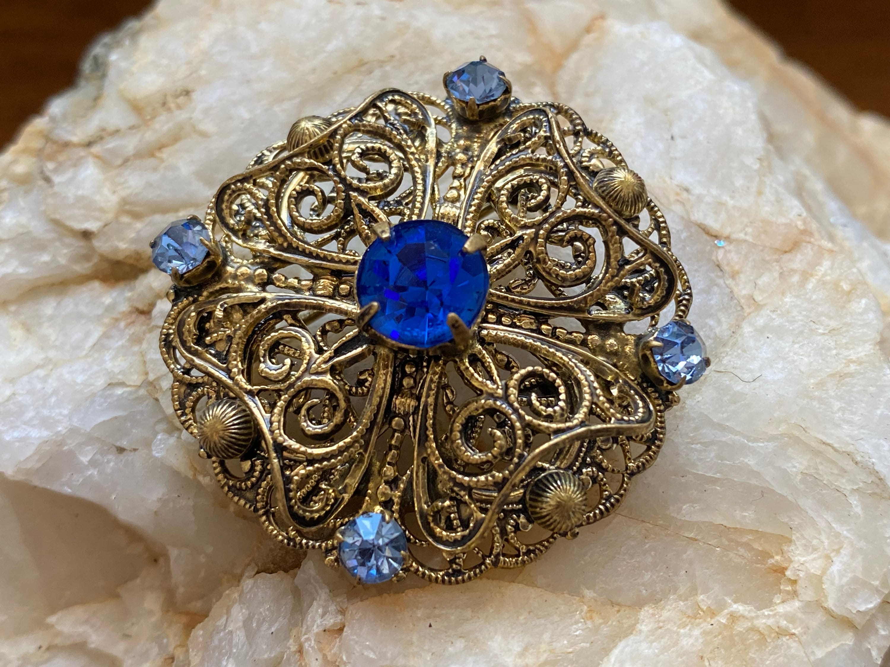 Vintage Czech Style Filigree Flower Brooch With Rhinestone