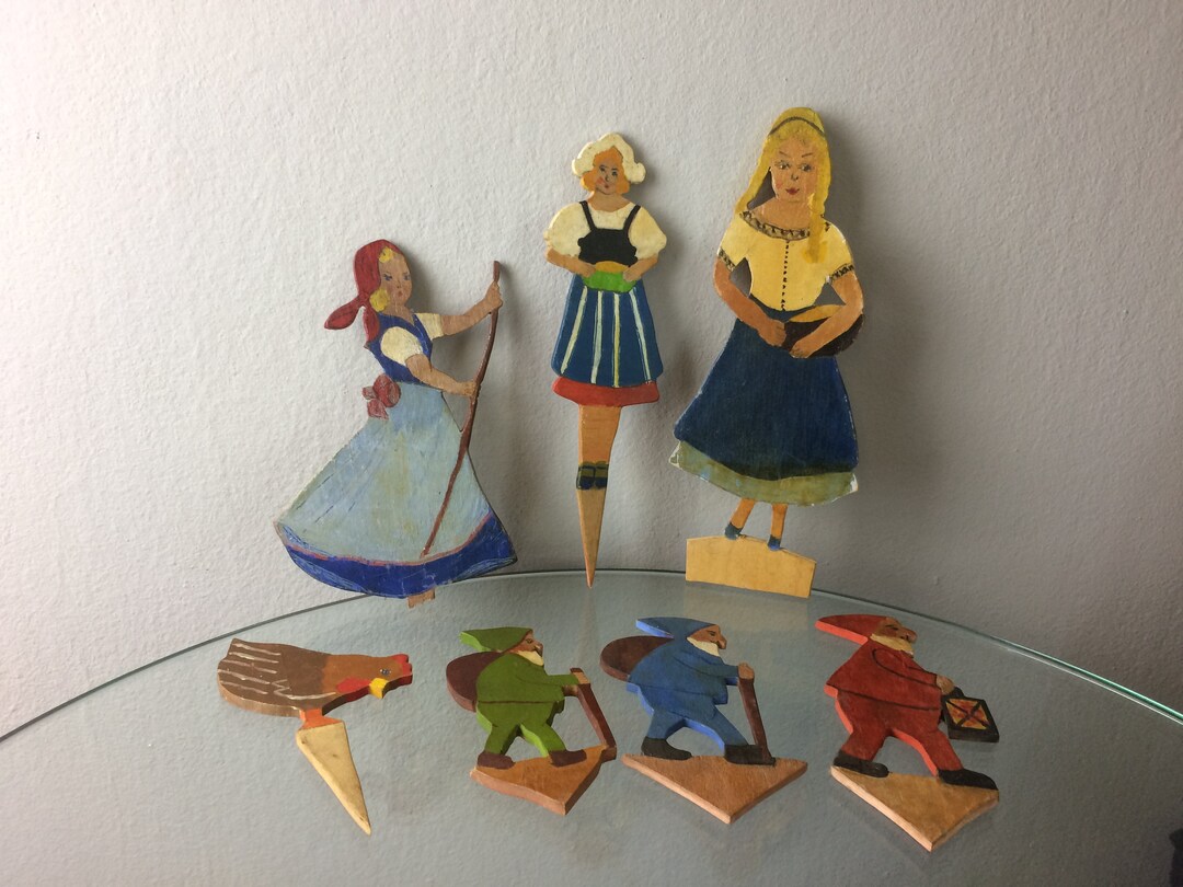 Vintage Folk Art Wooden Figures Set | Hand Carved & Painted 7 Pc ...