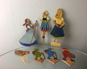 Vintage Folk Art Wooden Figures Set | Hand Carved & Painted 7 Pc | Fairy Tale Toys | Rustic Decor | Children&#39;s Story Collectibles