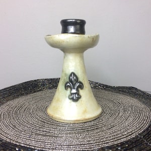 Vintage Belgium Pottery Lamp Base | Signed Dubois | Ceramic Candle Holder | Fleur de Lis | Belgian Ceramic Art | Rustic Decor