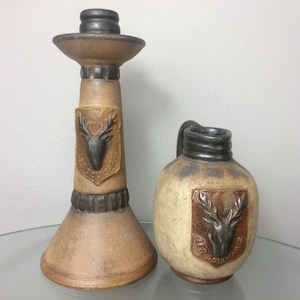 Set of 2 Belgian Ceramics, Vintage Pottery Les Dolimarts Candlestick & Jug Signed Biron W.