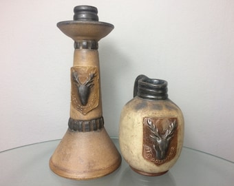 Ensemble de 2 Céramiques Belges, vintage Poterie Les Dolimarts Bougeoir & Pichet Signé Biron W.