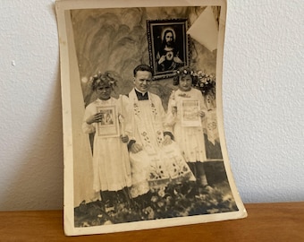 Vintage Photo First Communion Girls with Priest – Religious Ceremony Portrait – Antique Children’s Photography – Collectible Religious Photo
