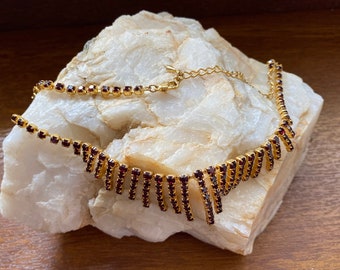 Vintage Czech Bohemian Ruby Red Glass Necklace Rhinestone Jewelry Mid-Century Collectible