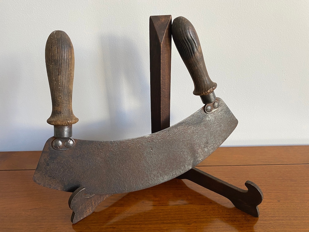 Antique Mezzaluna Herb Chopper Knife | Large Steel Curved Blade