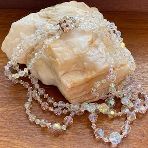 Vintage 1960s Aurora Borealis Crystal Necklace | 3 Strand Beaded Choker | Mid Century Costume Jewelry | Bridal Sparkle Necklace