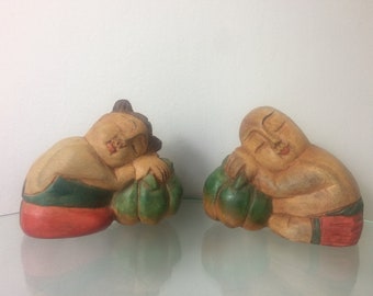 Vintage Chinese Wood Carved Sleeping Children Figurines – Set of 2 Boy & Girl – Handcrafted Asian Decor