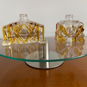 Vanity Set of 2 Yellow & Clear Antique Art Deco Vintage Crystal Cut Glass Perfume Bottles