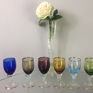 Set of 6 Vintage Colored Sherry Glasses – Twisted Stem – Hand Blown Murano/Bohemian Style