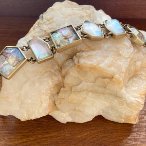 Vintage Art Glass Bracelet – Mother of Pearl & Brass Bangle – Boho Chic Jewelry with Charm