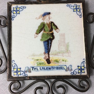 Bis Eulenspiegel Vintage Dutch Delft Keramik Kachel - Handbemalter Eisenrahmen - Antique Holland Decor