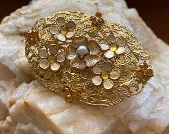 Czech Filigree Floral Brooch – Antique Czechoslovakia Jewelry – Vintage Metal Flower Pin – Art Nouveau Style Accessory