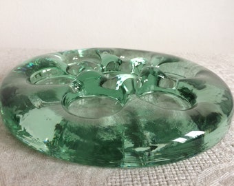 Heavy Green Glass Candlestick with Iron Stand – San Miguel Recycled Glass – Handmade in Spain – Vintage Decorative Art Glass