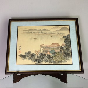 Asian Vintage Silk Landscape Painting – Signed with Seal – Chinese Japanese Watercolor Art – Framed Silk Artwork – Home Wall Decor
