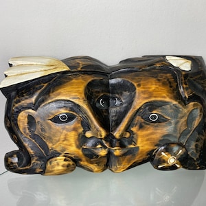 Two Face Wood Carved Sculpture Vintage Handmade Face Art Wall Decor Tribal Style Folk Art