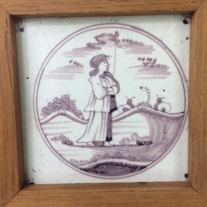Old Delft Dutch Tile Manganese – Hand Painted Shepherdess & Sheep – Antique Holland Netherlands Tile
