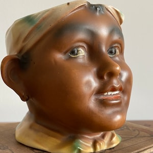 Antique Blackamoor Head Tobacco Jar | Ceramic Pottery Humidor | Missing Lid Collectible