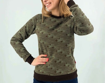 Luchtvaartsweater met gedrukte vliegtuigen, luchtvaartcadeau, reissweater, cadeau voor stewardess, kaki sweater,
