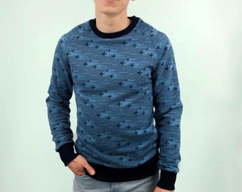 Luchtvaartsweater met opgedrukte vliegtuigen, cadeau voor stewardess, huidig vliegtuig, cadeau voor piloot, blauw sweatshirt, trui met vliegtuig