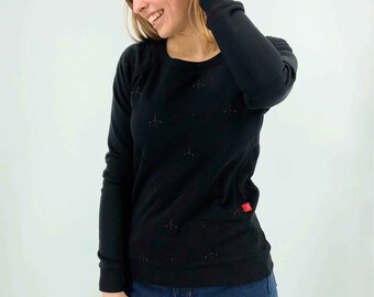 Luchtvaart sweatshirt met geborduurde vliegtuigen, vliegtuigen, luchtvaart cadeau, cadeau voor stewardess, zwart sweatshirt, vliegtuig, cadeau voor haar