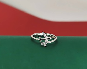 Vliegtuigring Zirkonia - Ring met vliegtuig - Cadeau voor haar - Zilveren vliegtuigring - Reisring - Zilver 925 - Minimale ring - Luchtvaartsieraden