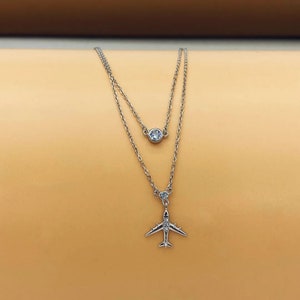 Silver Necklace Double Airplane with Stone , Minimalist Necklace, Silver Chain, Small Necklace, Gift for pilot, Gift for flight attendant