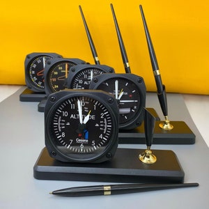 Aviation Table Clock, Airplane, Plane, Alarm Clock, Set With Pen, Gift For Pilot, Office Decor, Altimeter, Directional, Aviation, Airspeed