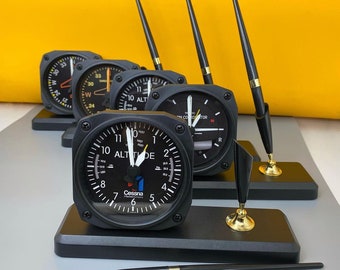 Aviation Table Clock, Airplane, Plane, Alarm Clock, Set With Pen, Gift For Pilot, Office Decor, Altimeter, Directional, Aviation, Airspeed