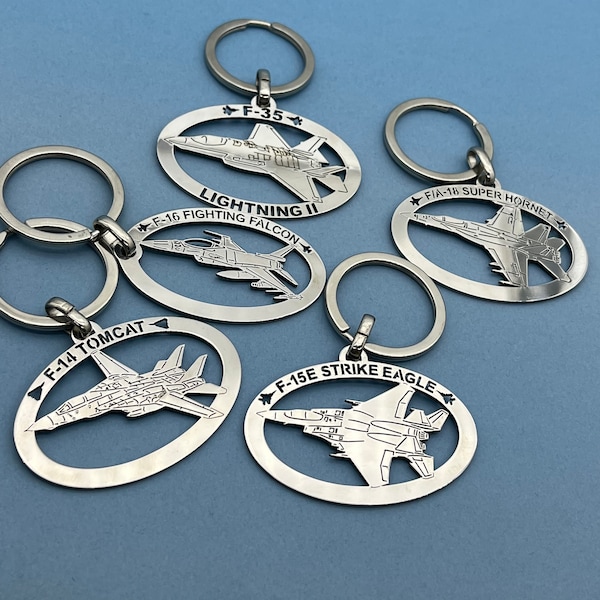 Metalen sleutelhanger F-16 Fighting Falcon, F-14 Tomcat, F-18 Super Hornet, F-15E Strike Eagle, F-35 Lightning II, A-10 Warthog, Cadeau voor piloot