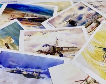 Watercolor postcards Ukrainian Air Force, Postcard with airplane, Greeting Card, Birthday, Gifts For Pilot, F16, Su25, Mi8, Su24, Su27, Su24