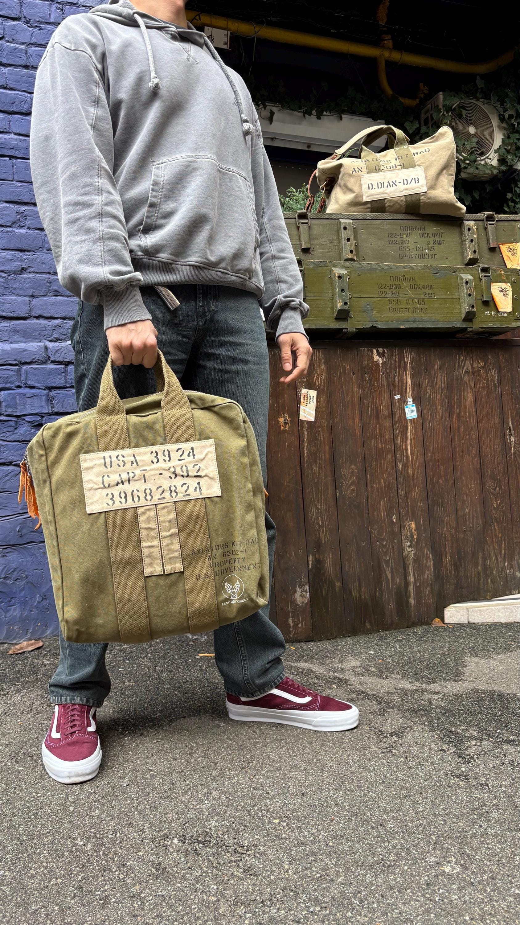 WWII Aviator Kit Bag, Aviation Canvas Bag, Military Shoulder Tote