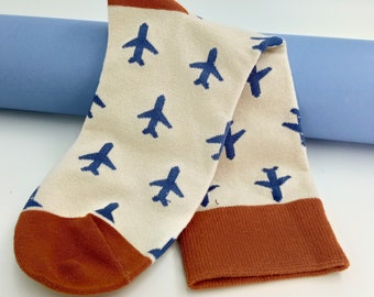 Beige Aviation Socks With Plane, Socks With Airplanes, Flight, Gift for Him, Gift For Her, For Travelers, Aircraft, Plane crew Socks, Unisex