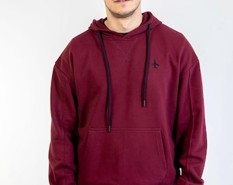 Hoodie met vliegtuig, sweater, luchtvaartcadeau, cadeau voor piloot, minimalisme, hoodie luchtvaart, bordeaux, piloot, katoen, zwarte hoodie
