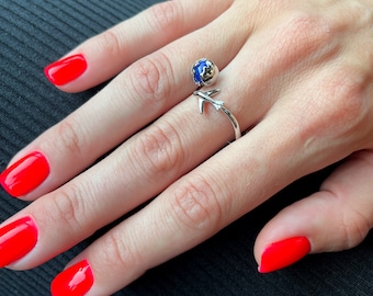 Vliegtuigring - Ring met vliegtuig - Cadeau voor stewardess - Zilveren vliegtuigring - Reisring - Zilver 925 - Blauwe planeetring - Luchtvaartsieraden