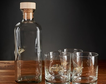 Set of 3 glasses and carafe with airplanes, Aviation Glass, Aviation, Gift For Pilot, Whiskey Glass, Unique Design, Unique Gift, Cool Gift