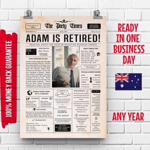 パーソナライズされた退職記念新聞ポスター：オーストラリアの歴史ギフト（デジタルダウンロード）
