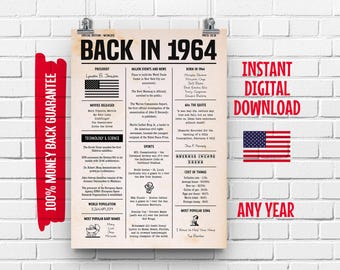 1964 Birthday Newspaper Sign: Fun Facts Trivia - Large Wall Art (Instant Download)