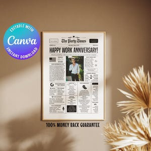 Editable Work Anniversary Newspaper Template: Canva Printable Gift (Digital Download)