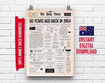 1964 60th Australian Birthday Newspaper Sign | 60th Birthday Gift for Men or Women | 60 Years Ago Back in 1964 Poster| What Happened in 1964