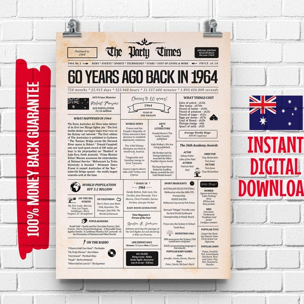 1964 60th Australian Birthday Newspaper Sign | 60th Birthday Gift for Men or Women | 60 Years Ago Back in 1964 Poster| What Happened in 1964