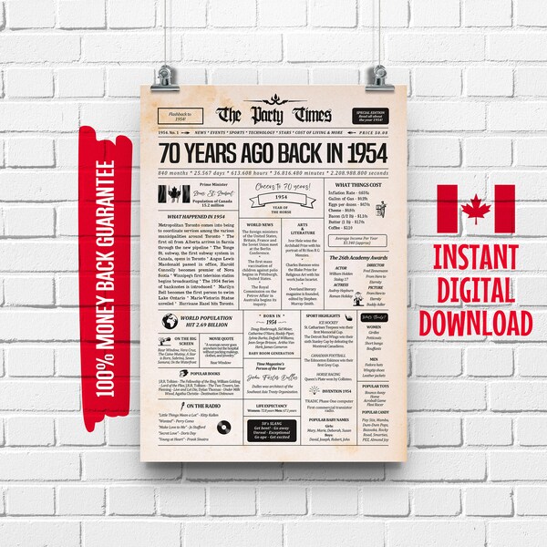70th Birthday Canadian Newspaper Sign 1954 | 70th Birthday Gift for Men or Women | 70 Years Ago Back in 1954 Poster | What Happened in 1954