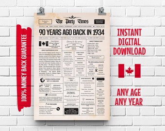 90th Birthday Canadian Newspaper Sign 1934 | 90th Birthday Gift for Men or Women | 90 Years Ago Back in 1934 Poster | What Happened in 1934