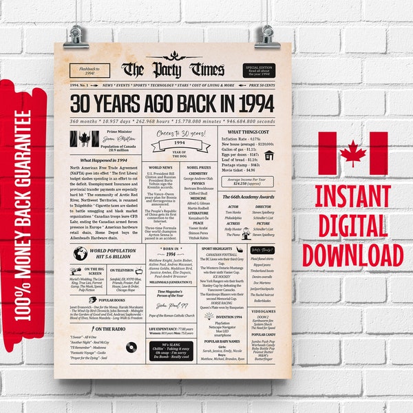 30th Birthday Canadian Newspaper Sign 1994 | 30th Birthday Gift for Men or Women | 30 Years Ago Back in 1994 Poster | What Happened in 1994